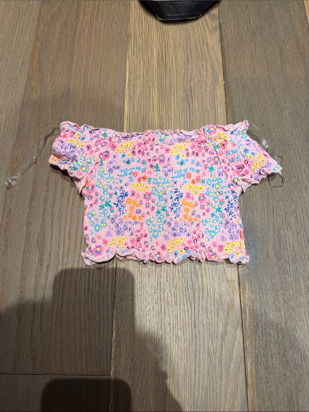 Like New Pink Floral Smocked Off-Shoulder Kids Top
